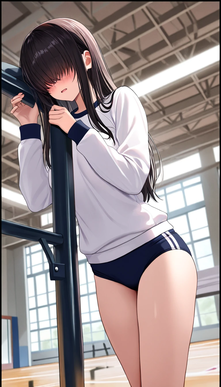 (((1girl))), ((best quality)), ((masterpiece)), ((ultra-detailed)), (illustration), (detailed light), (an extremely delicate and beautiful), (beautiful detailed eyes), (sunlight), ((extremely light)),
((((white and black gym uniform)))),
school girl,
wavy long, (((dark brown hair))), (((long hair))),
(((deep orange eyes))),
((whole body)), aged 14 to 17,
diamond, beautiful, ((extra elegant)), (((condescending expression))), (sexually mischievous smile), (((extra adorable))), (((extra slender shape))),
squatting in the school gym, from below,
(((extraordinarily thin thighs)))