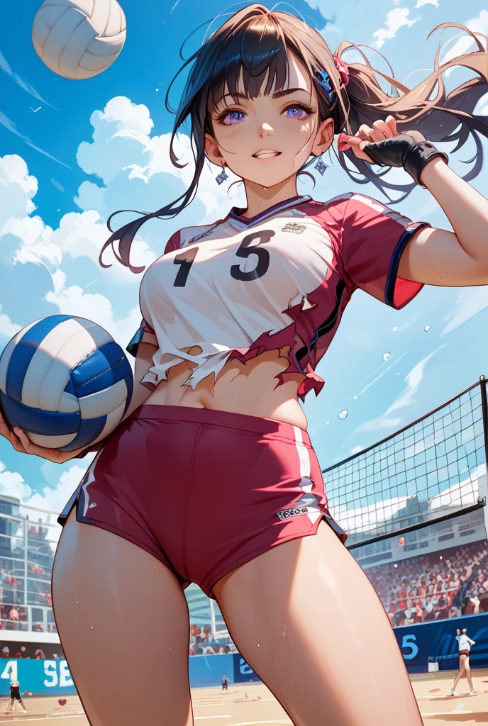 unity 8k wallpaper, anatomically correct,  (((masterpiece))), (((best quality))), (((ultra detailed))), (((high-resolution))), ((super fine illustration)), ((Ultimate cutie)), ((detailed beautiful face)), ((perfect hands)), ((perfect finger)), (((good anatomy))), Solo, One girl, 17 years old, (potbelly), (Curve), medium breasts, ((thick thighs)), Shiny hair, ((A look of regret)), (((Tears))), (blush), BREAK, Adidas, (((Buruma))), (Sleeveless Volleyball Uniforms), head band, ((wristbands)), ((Kneepads)), BREAK, ((Hold a beautiful spherical 6-inch volleyball with both hands)), (slouching forward),  ((Sweat)), (perspired), (Heavy breathing), Sense of depth, in gymnasium, Lighting, (Looking down), cowboy shot