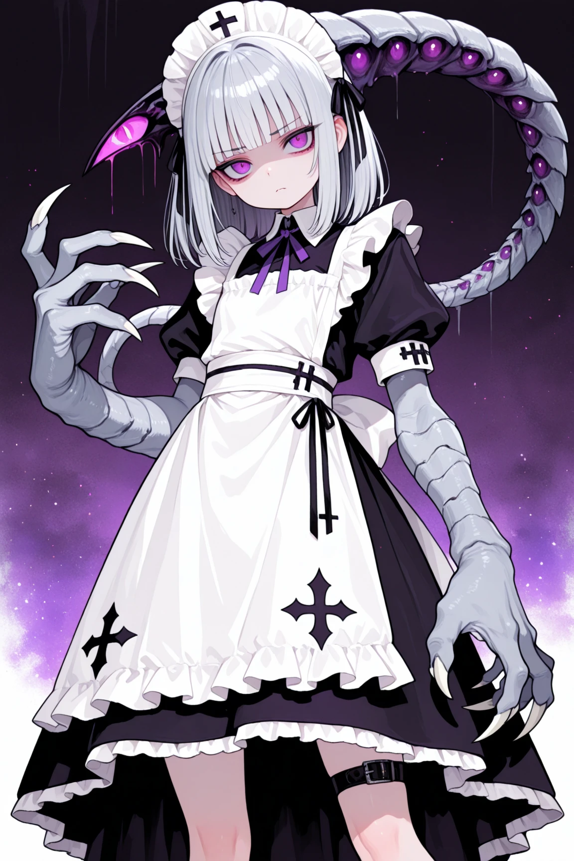 horror (theme), darkness, dark, glowing eyes, dolls, stuffed animal, claws, claw pose, gothic, night, dark, (cthulhu mythos, black tentacles, monster), standing 1girl, solo, long hair, gray hair, purple eyes, hat, ribbon, frilled dress, frills, mechanical arms, mechanical legs, doll joints, twin braids, grin, glowing eyes <lora:Nursery_Rhyme:1>, score_9, score_8_up, score_7_up, score_6_up, score_5_up, score_4_up, BREAK source_anime, masterpiece