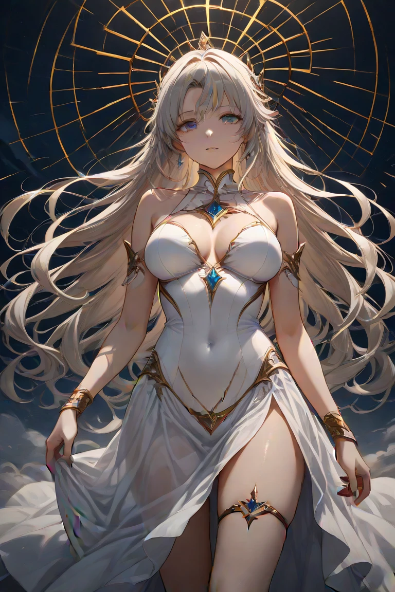 Beautiful blonde woman detailed defined body using gold and silver bodysuit, ((delicate detailed gold and silver bodysuits:1.3)), with cutting out breast, huge breasts, (see-through outfit:1.3), ((ultra high resolution, 8K RAW photo, super realistic)), (thin outline:1.2), (nsfw:1.2), (fine detailed eyes), medium long hair, (asymmetric hair, hair over one eye, wavy hair), (fluttering hair:1.2, extra hair:1.2), ((Gothic style gate, Holy background)), dynamic pose,