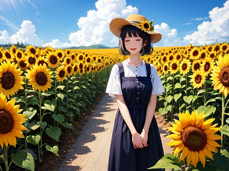 There is a scarecrow in the vast sea of rape flowers, the scarecrow has an owl on his head, and there is a little girl picking flowers in the sea of rape flowers --auto