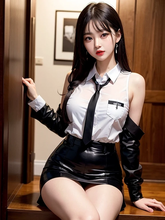 there is a woman in a short skirt and a tie posing, very sexy outfit, open v chest clothes, korean girl, sexy outfit, smooth white tight clothes suit, sexy style, tight attire, intriguing outfit, revealing outfit, sexy dress, white and black, tumblr, sexy look, gorgeous young korean woman, sakimichan, seductive. highly detailed