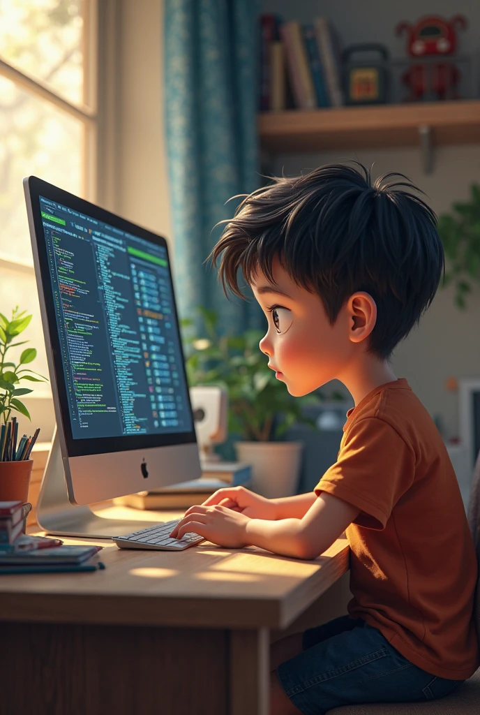 Create an image in which a boy sit on a chair and is solve coding problem