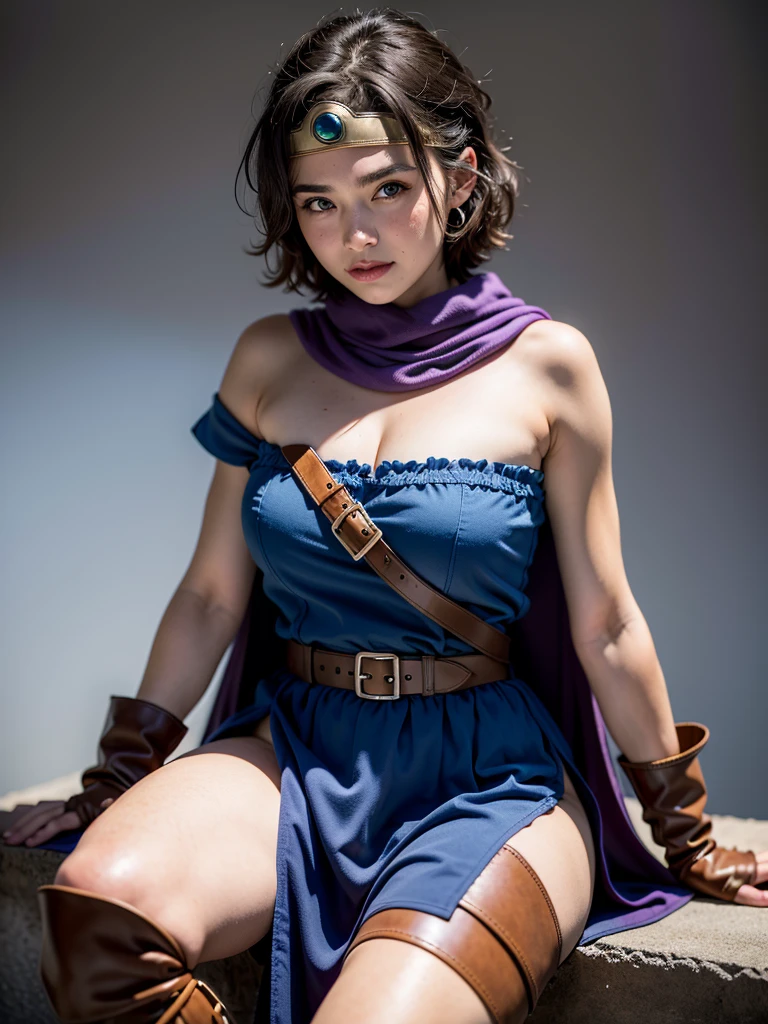 ((Masterpiece:1.4)), (high resolution:1.4), (sitting on the grass:1.5), bare body, erotic pose, 1girl:1.5, solo, outside, roto (dq3), 1girl, solo, short hair, brown hair, blue eyes, circlet, large breasts, cleavage, strapless, blue dress, purple cape, thighhighs, elbow gloves, boots, belt, scabbard, knee boots, beautifull smile, beautiful face, highly detailed face, higly detailed eyes, highly detailed skin, skin pores, realistic pupils, full face blush, full lips, (perfect anatomy:1.1), (perfect proportions:1.1), (photography:1.1), (photorealistic:1.1), volumetric lighting, dynamic lighting, real shadows, (highres:1.1), sharp focus, daylight, (realistic, hyperrealistic:1.4), intricate, high detail, dramatic, subsurface scattering, big depth of field, vivid, polished, sharpened, ((full Sharp)), (extremely absurdres),16k hdr,