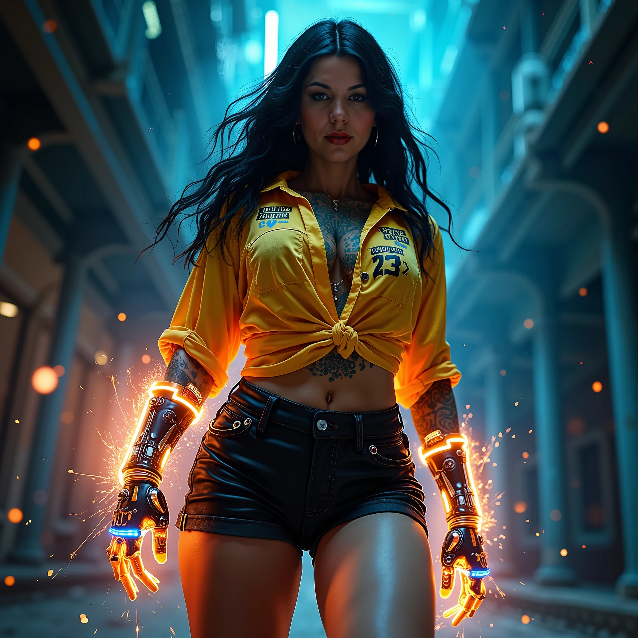 a medium shot photo of a demonic sorceress conjuring fire in a burning and destroyed gotham, protruding bones, detailed eyes, in a (T-shirt) wet from the (radioactive rain), woman with long hairs and detailed alluring eyes Thigh gap long sexy legs wearing tiny shorts mist, all wet, raining and burning, best quality masterpiece, photorealistic, detailed, 8k, HDR, shallow depth of field, broad light, high contrast, backlighting, bloom, light sparkles, flares, chromatic aberration, sharp focus, RAW color photo, modelshoot style, cinematic pallet, cyan and orangepallet
