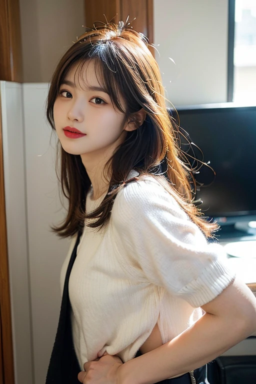 (1 Korean star with royal sister style), ((Best quality, 8K, 巨作: 1.3)), focal point: 1.2, Perfect body proportions: 1.4, (Make a smile),  （Ray traching）,Watery eyes, Highly Detailed Face and Skin Textur, Fine eyes, Double eyelids, (scenecy:1.3),Whitens the skin, (Big wavy hairstyle: 1.3), (face round: 1.5), (pleatedskirt: 1.4), (black lence stockings: 1.4),(film grain style:1.3)，a sense of atmosphere,(Beauty breasts)The face does not change
