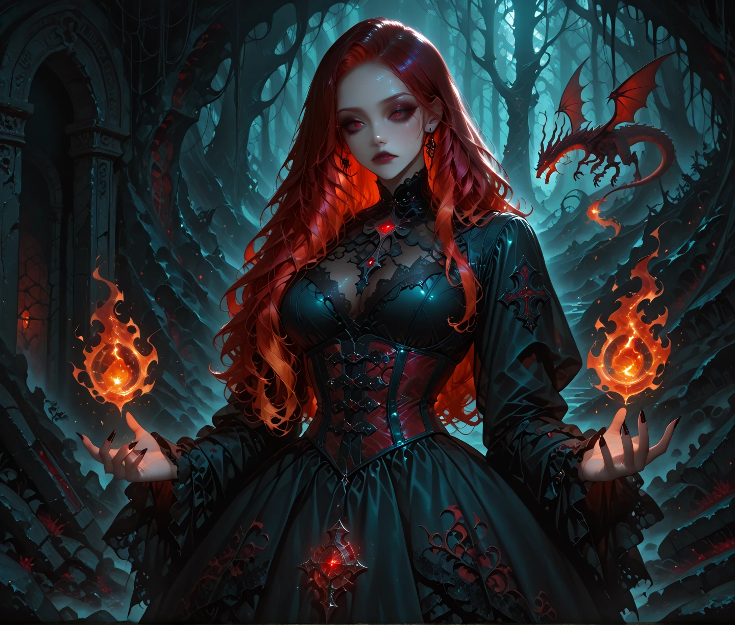 extreme dark forest in background, colorful. sinister, Aurora, mythical and magical, erotic pose, pore red hair, , big eyes, body covered with tattoo, red lips, erotic, dark light, black dress, sharp image, high resolution, super detailed image,