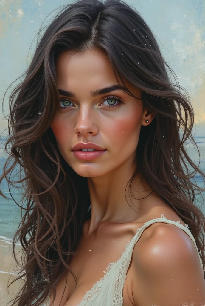 (best qualityer,4K,8K,A high resolution,work of art:1.2),ultra detali,(realisitic,fotorrealisitic,fotorrealisitic:1.37),narrative,mature woman,Poseidon,illustration,Kind expression,beautiful detailed eyes,beautiful detailed lips,loose hair,tranquil atmosphere,warm lighting,sea background,bright coloured,concept artist,myth