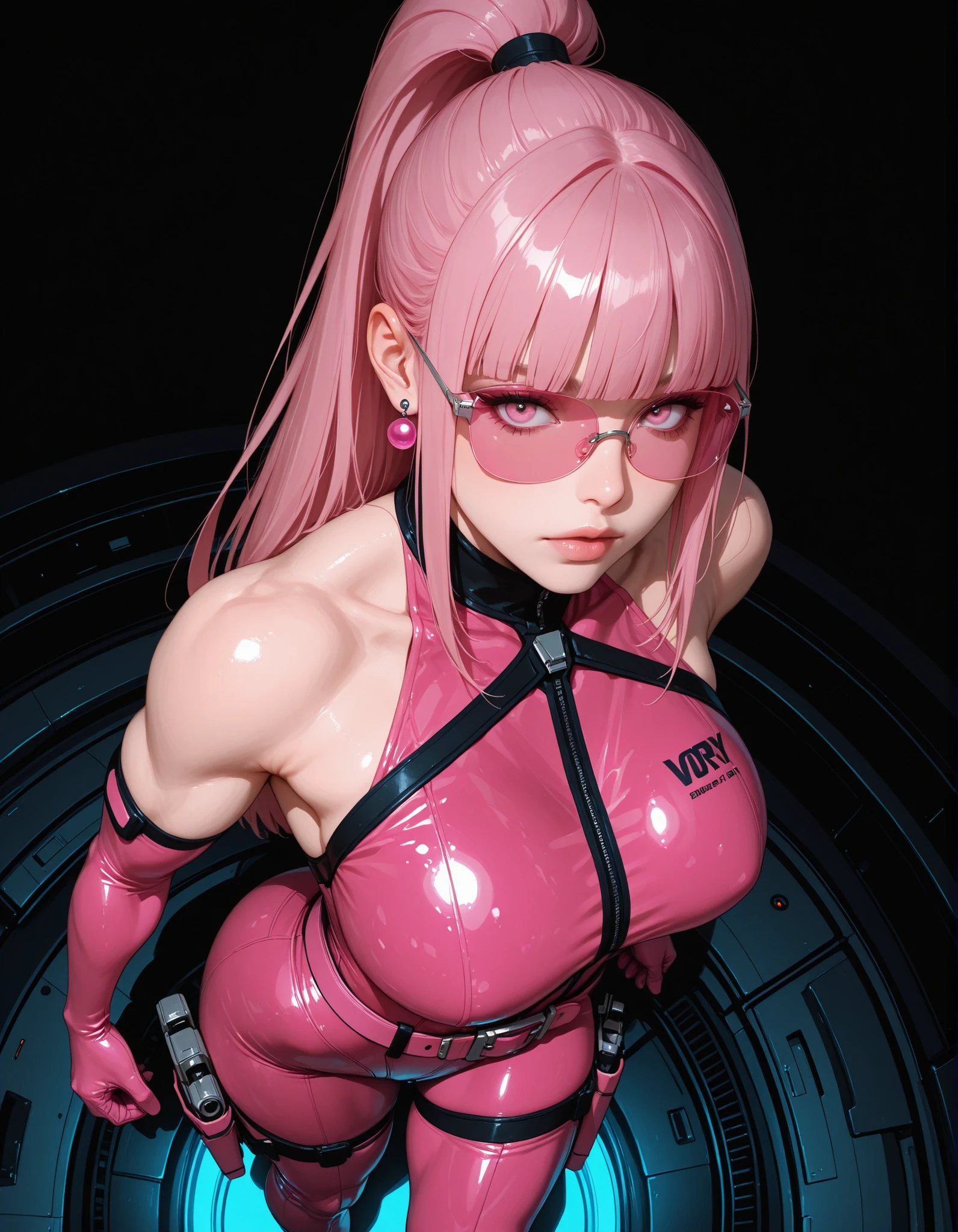 1girl, arms up, bangs, bodysuit, breasts, covered navel, cropped jacket, gloves, headphones, impossible bodysuit, jacket, (large breasts:1.6), long hair, long sleeves, looking at viewer, lying, on back, parted lips, pink bodysuit, pink eyes, pink hair, puffy sleeves, red jacket, shrug \(clothing\), skin tight, solo, twintails,alice \(nikke\),(masterpiece:1.4),(best quality:1.4),(shiny skin),realistic