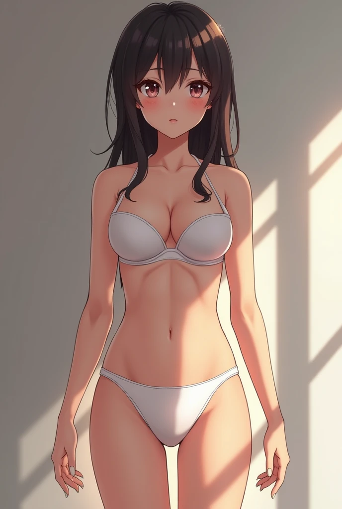 masterpiece, best quality, highres, Tohsaka Rin, 1girl, solo, busty, normal breasts, blond hair, bob hair, sport bra, short skirt, looking at viewer, full body, standing, simple background, (erotic pose:1.4), blush, flustered, (panties exposed:1.3), ((arms behind head, double armpits, standing)), Half body, upper body, In the middle, symmetrical,