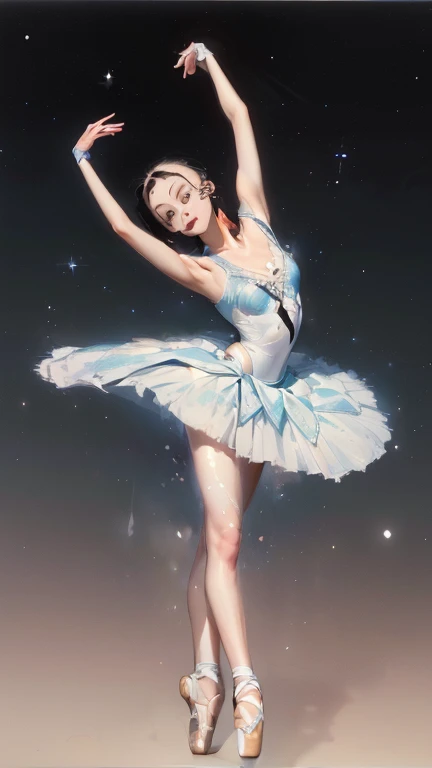 highest quality、High resolution、masterpiece、Super detailed、whole body、One beautiful ballerina、Beautiful and beautiful(Super detailedな瞳、Super detailedな指先の表現、Super detailedな足先の表現、Super detailedなバレエシューズ)、Pirouette gracefully(Arabesque)Dance、A little smile、de luz、(Polish Costume_Tutu)、Glitter、Outer space、planet、deep、Warm Light