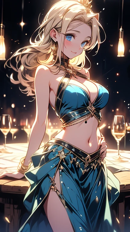 ((Highest quality, High resolution, masterpiece, detailed)),
Faint lighting, Depth of written boundary, View your viewers, Anatomically correct, woman, Perfect Face, Cute and symmetrical face,
Beautiful Hair, Beautiful Face, Beautiful Eyes, Beautiful body, Beautiful breasts, Beautiful belly button, Beautiful waistline, Beautiful thighs, Beautiful legs,
(Long Hair, Platinum Blonde Hair), (smile, Part your lips),
(Arabian dancer costumes, Delicate embroidery), Fantastic, (Beautiful views),
