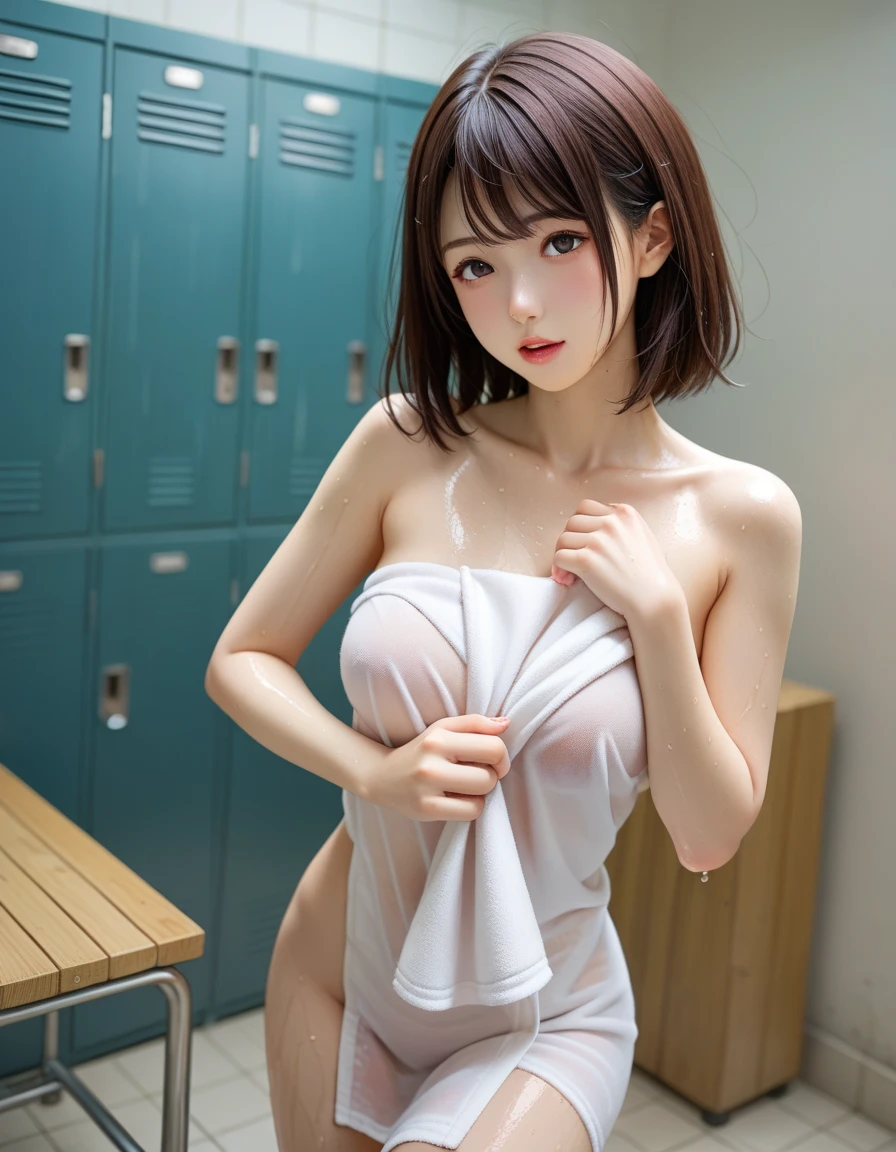 (Highly realistic photos, High resolution, Detailed face, bashful ,Fine Eyes), Japanese women, 40 years old, various expressions, alone:1, Slim figure, Various Hair Styles, show off nipples , show off pussy , nude ,Only one person in the photo、Photographed in natural light、profile、Reddish brown hair color、Bob Hair, cowboy shot , {best quality}, {very aesthetic}, {ultra-detailed}, {best illustration}, nsfw, girl, locker room, undressing, pull down pantie, skirt, vagina ,