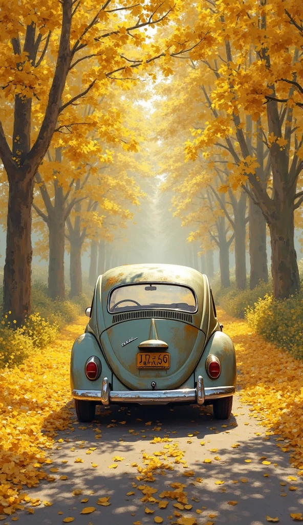Yellow Volkswagen Beetle under a yellow ipê tree with grass underneath