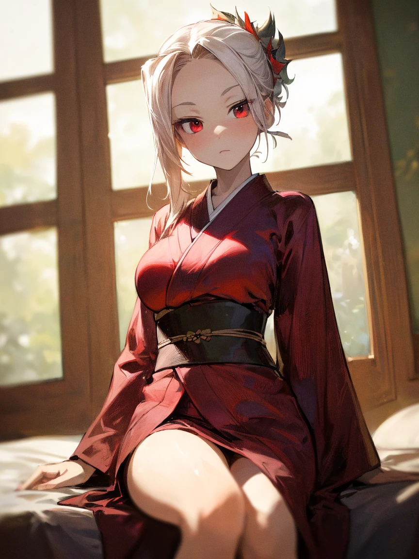 masterpiece, best quality, absurdres, perfect anatomy, 1girl, solo, Irisviel von Einzbern, medium breasts, long hair, indoors, kimono, hair flower, floral print, wariza, sitting, hands on own knees