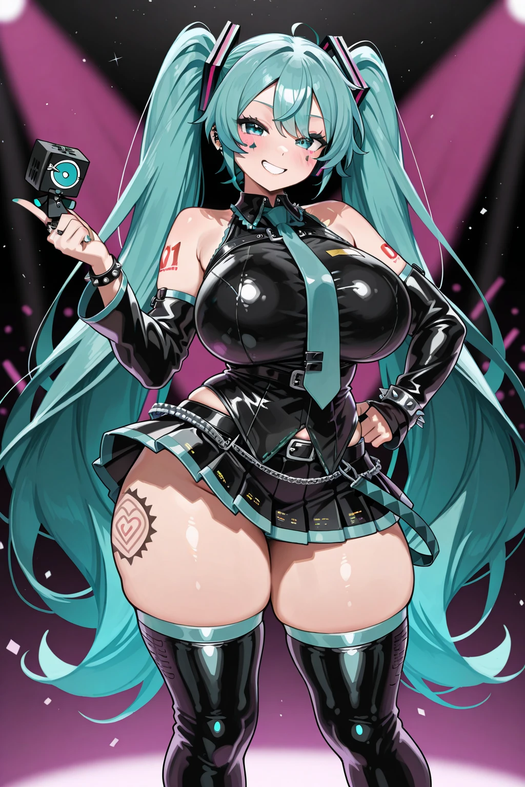 BDSM、Queen、mistress、(((One girl)))、solo、(((Long gloves covered to the fingertips in black latex:1.4 )))、(((Black latex corset dress:1.4)))、(((The corset dress is decorated with beautiful lace.)))、(((Corset dress with shoulder straps)))、(((Black latex tight mini skirt:1.4)))、(((Black Thigh Boots)))、(((Black fishnet stockings:1.2 )))、(((Stiletto heels:1.4)))、(((Black latex panties)))、(((Black latex bra)))、(((Black leather collar)))、(((Sexy pose:1.4 )))、Wide-open legs:1.2、(((Erotic)))、(((Cowboy Shot)))、Close-up、highest quality、Highly detailed face、Highly detailed eyes、Anatomically perfect body、Two perfect anatomical hands、Two perfect anatomical legs、Perfect Fingers、(((Blue Eyes)))、(((Green Hair)))、Two small yellow horns、(((Long Straight Hair)))、1 female、Ram、Staring at the audience、Contempt、Frowning、Frowning、(((blush:1.2)))、Cold Stare:1.2 、Sweat