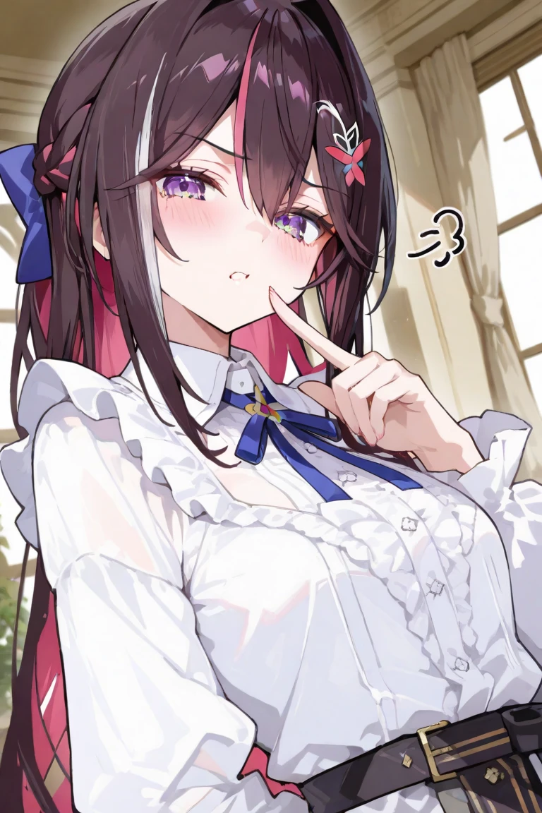 azki_(hololive), 1girl, solo, multicolored hair, pink hair, purple eyes, black hair, hair between eyes, white dress, brown dress, brown jacket, jewelry, long sleeves, x hair ornament, bangs, bracelet, long hair, streaked hair, hairclip, large breasts,,(masterpiece),(best quality),(ultra-detailed),(best illustration),(best shadow),(absurdres),(very aesthetic),(detailed background),looking at viewer,in hotel,in heat,horny,heavy breath,, cunnilingus gesture,open mouth,stick tongue out,long tongue,front view,portrait,close up,half closed eyes,drooling,seductive smile,