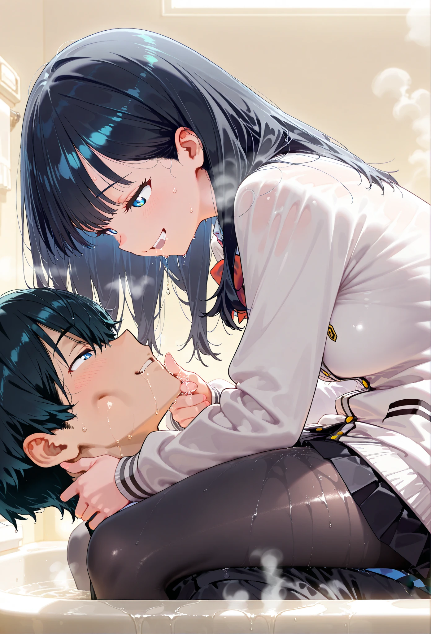 masterpiece,best quality,highly detailed,purple hair,long hair,straight hair,orange eyes,medium breasts,1girl,1girl,1boy,((reverse upright straddle:1.3)),((sex:1.2)),((sitting on person:1.3)),penis,kiss,<lora:Reverseupright2:0.8>,((dark-skinned male:1.3)),sailor collar,white shirt,short sleeves,pleated skirt,