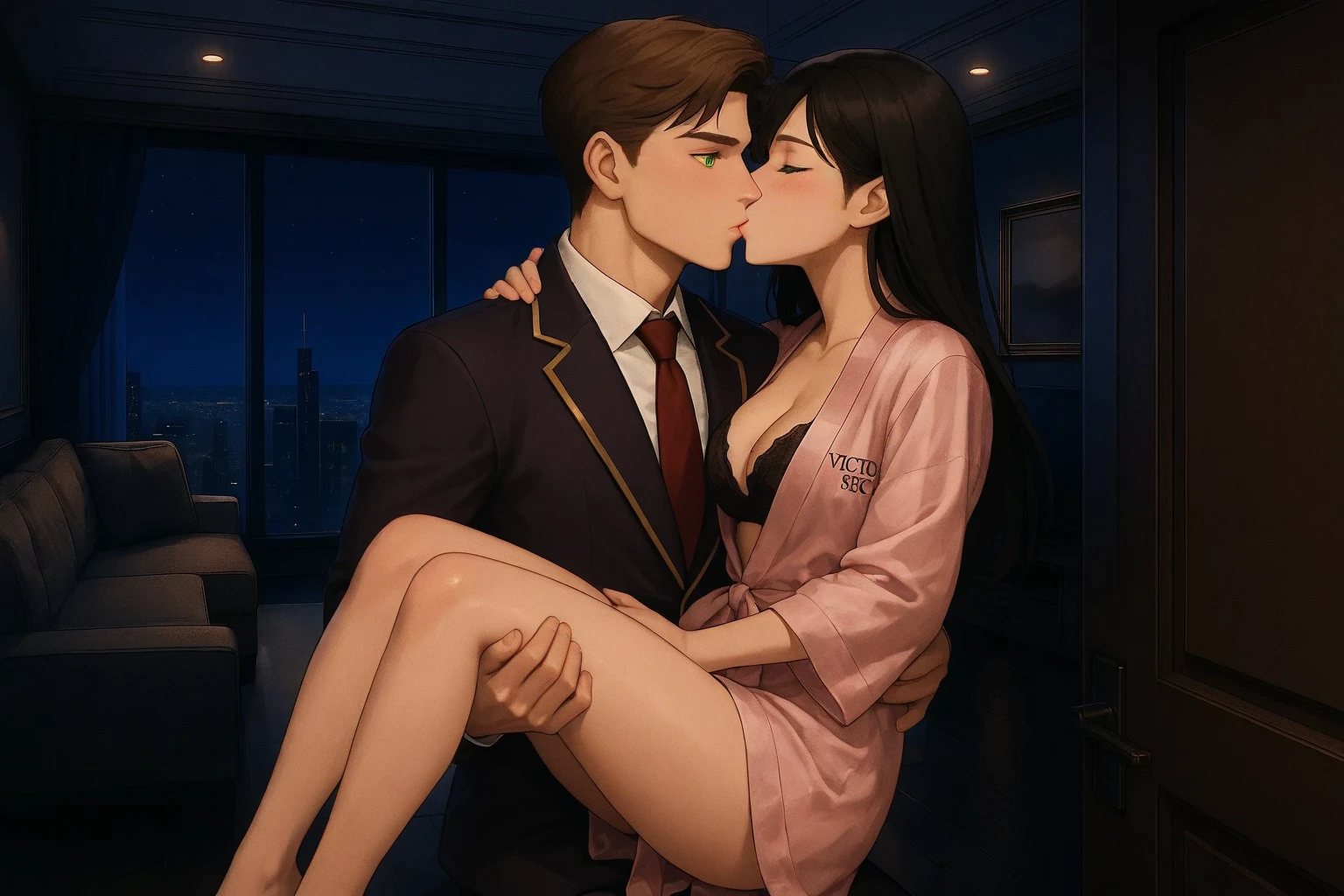 （A high resolution，tmasterpiece：1.2），full bodyesbian，slender boy：1.2 Sex in bed with the demon mistress，femdom：1.6，（（assertive female，The girl above））.（电影灯光）