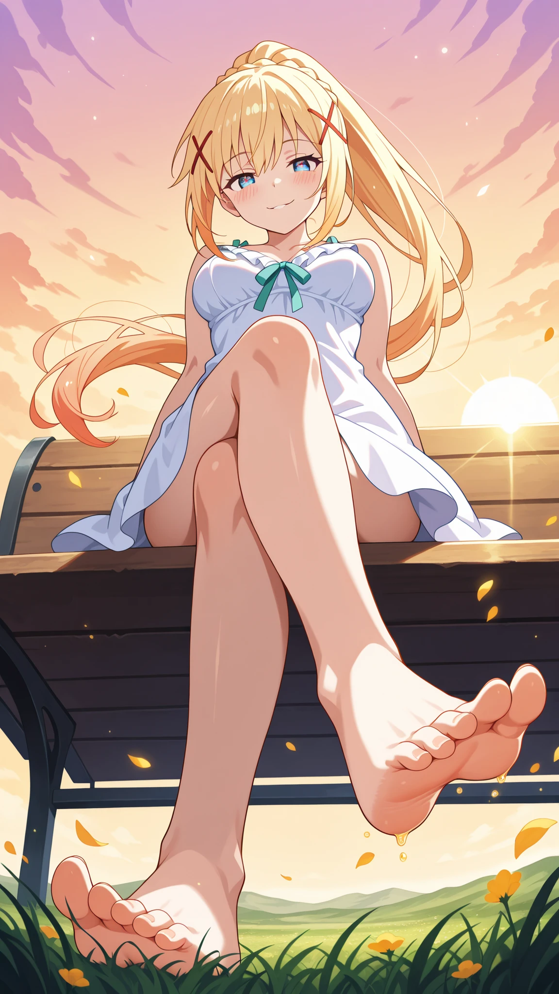 1girl, extremely long feet, extremely long soles, long toes, absurdres, best quality, nude, big breasts, feet up, full body, grassy plains, night sky, moon in sky, beautiful, stars