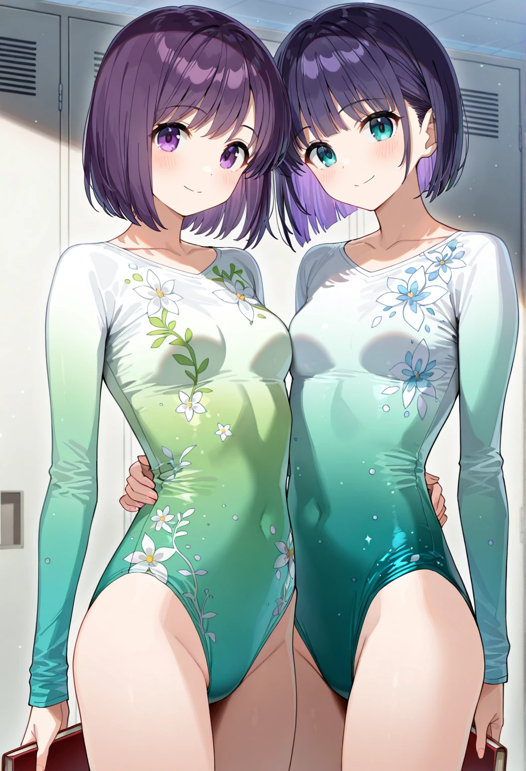 highquality illustration, masterpiece, very delicate and beautiful, attractive girl,(colorful leotard, heattech leotard,tight leotard,long_sleeve leotard,ribbed leotard,high_leg leotard,turtleneck leotard), thin,slender body,slim,gymnastics club,2 girls,gymnastics athlete,bare legs,gymnasium background,beautiful eyes, light smile,(masterpiece, best quality:1.2), highres, extremely detailed CG unity 8k wallpaper, perfect lighting, Colourful, ultra-high res,4K,ultra-detailed, photography, 8K, HDR, 17 ages,