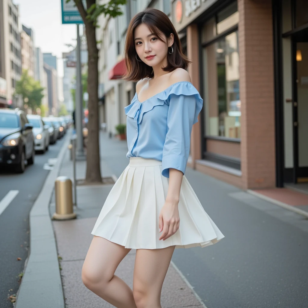 ((masterpiece, top quality, 8k, RAW photo, realistic, ultra highly detailed)), 1 girl, (japanese face:1.4), secuctive smile:1.4, 20 years old, cute face:1.5, beautiful eyes, symmetrical face, perfect body:1.3, (straight long hair:1.4, bangs:1.3, natural makeup, double eyelid, full body shot), ((white short sleeve blouse, off shoulder, denim front button skirt, white sandals)), (full body, polite standing:1.4, beautiful legs:1.3), (in campus:1.4)
