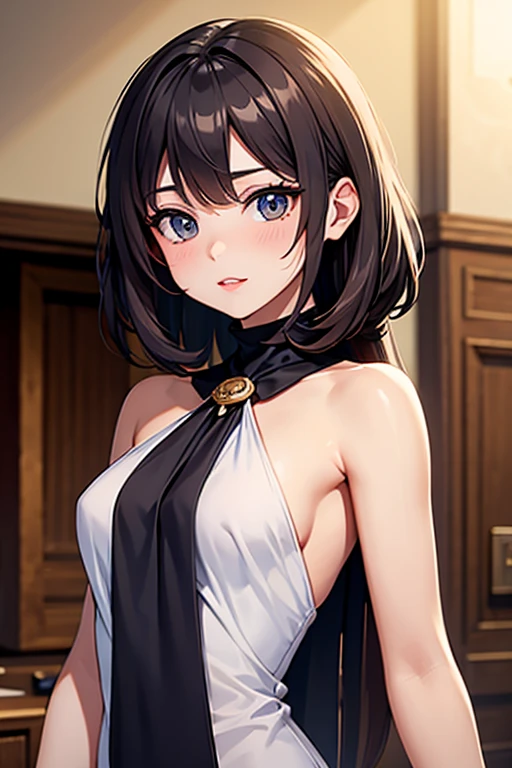Mai Sakurajima, black hair accessory in the shape of a rabbit, Playboy bunny costume, in a hotel room, pose with one hand on the waist, medium breasts, serious look