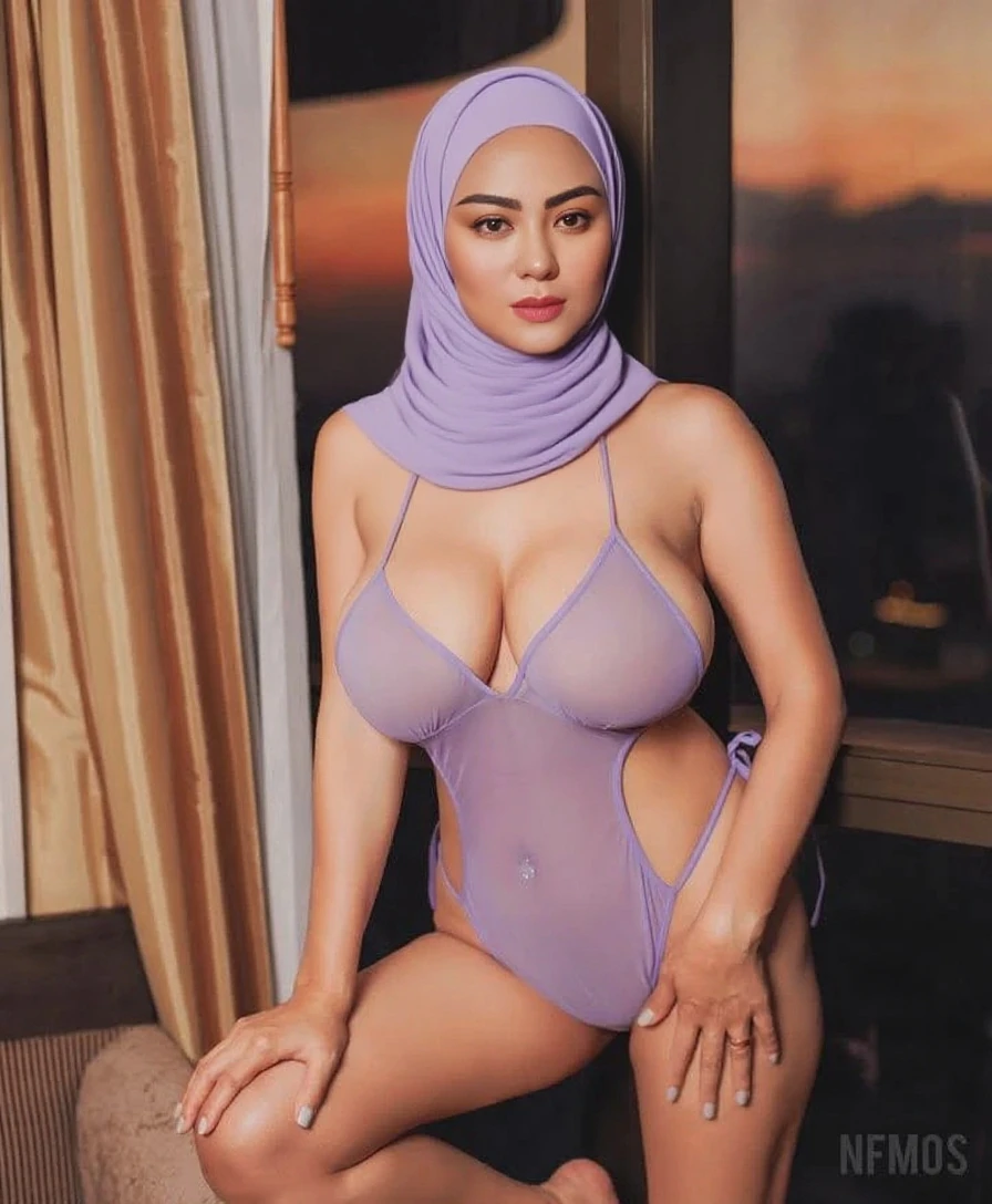 ((HIJAB)), ((Chubby:1.1)), head to thigh portrait photography of a mature 35 years old malay women wearing hijab and naked, side lighting, shocked face , very wet face, front view, eye contact, very wet body, watery body, ((wearing strapless satin))