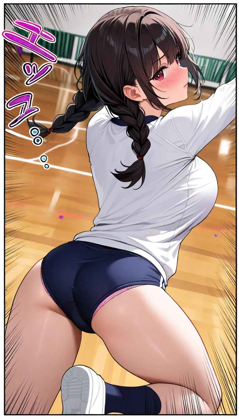 tmasterpiece,1 teenage girl,k hd,high high quality,独奏,high ponytails,Fencing sportswear,leggings sweatpants,gym room,flatulence,Kneel on the mat and fart,Lift your butt and fart a lot,Very shy,smelly