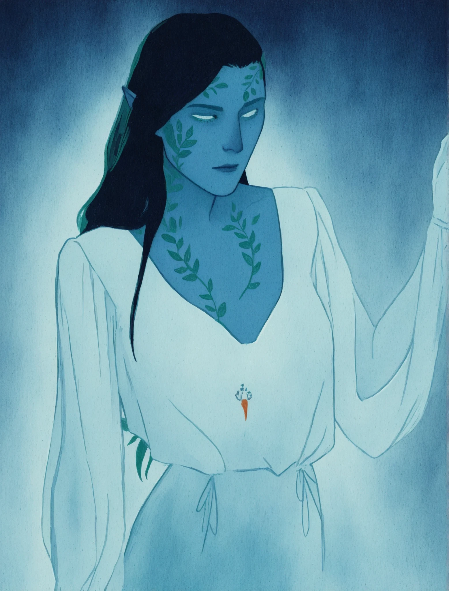 drki, close portrait, 1 menina, only, pale blue skinned character, cabelo preto, intricate leaf tattoos, roupa vermelha, ethereal atmosphere, surreal lighting , fantasy aesthetic, pictorial illustration , pintura a gouache, soft lighting illustration, Arte 2D, folhas, fundo abstrato, obra-prima, melhor qualidade