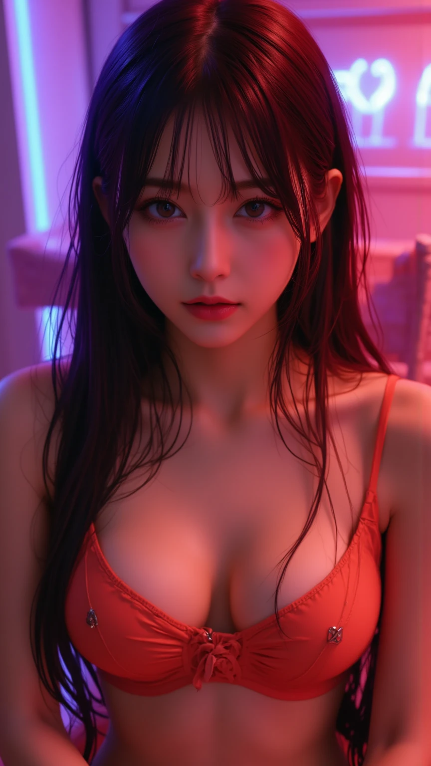 photography , studio , portrait , front , of a woman with bare skin , realistic body , red lingerie , dark atmosphere , red neon lights  , blue neon, 4k resolution