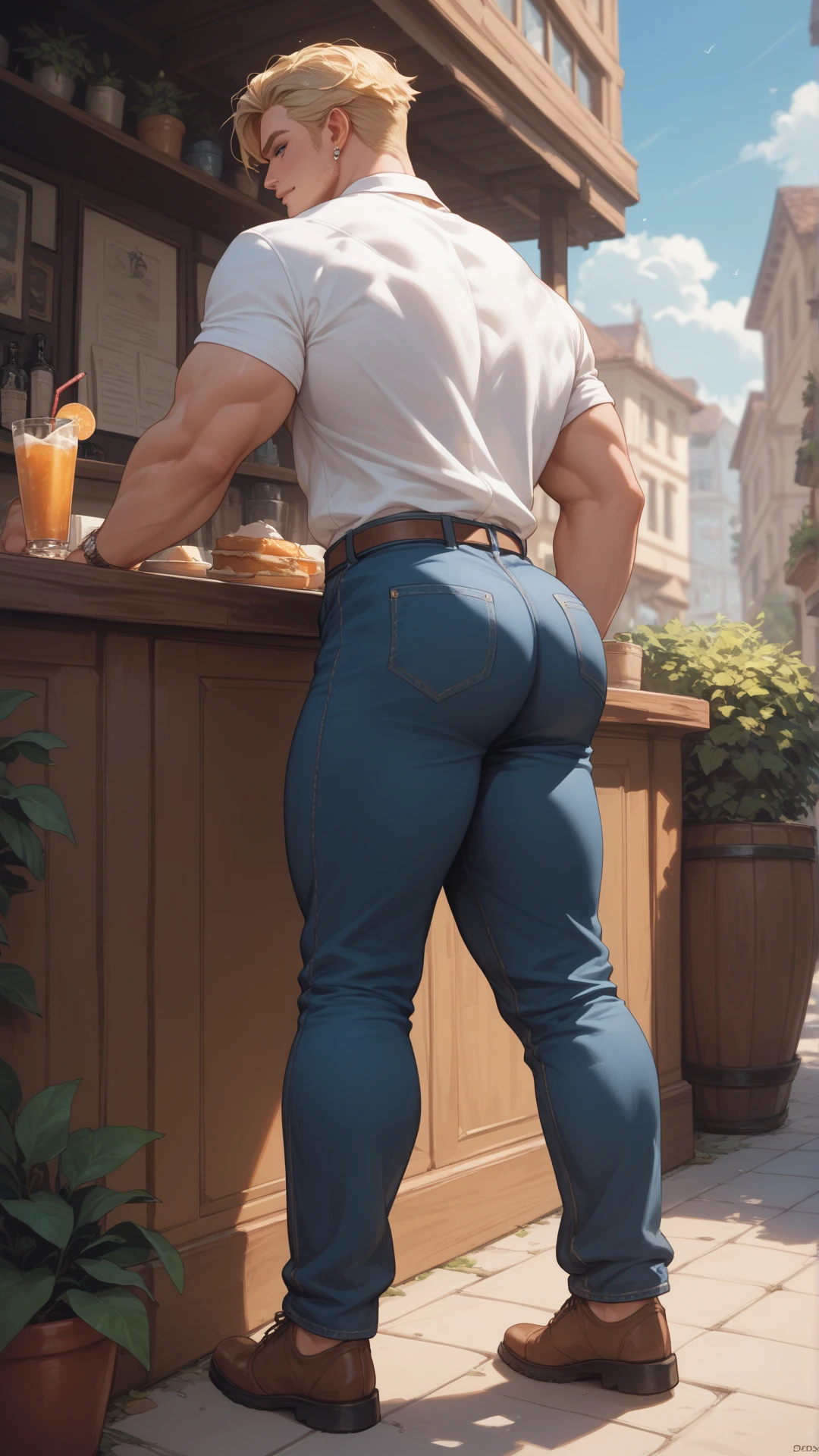 German, tall to the ceiling, bodybuilder, highschool freshman serving food in an asian restaurant, dressed in tight sweat pants and white silk tshirt, cute young face, great height difference. high detail faces. show full height from toe to head. 7 bodybuilders in the picture. Asian restaurant scene with several table and several customers.