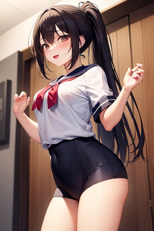 Solo, (1girl), single,  , (((white panties))), (wearing only the top half of sailor school uniform), sailor  without the hem rolled up,  Sexy, (cowboy shot), cafe, girl with：hair is black and long,、Tied with a ribbon。The face is round and cute。It's below the knee。The shoes are black loafers。The girl had a surprised look on her face, Joy and emotions.、eyes wide open,There were teary cheeks are red, Cheeks and hands are drawn large, Black hair, twin tail, (bashful, embarrassed)