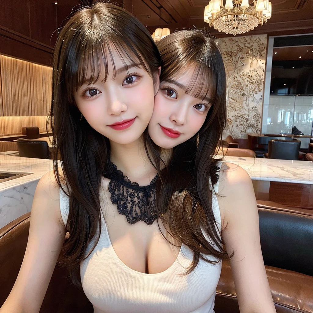 (Top Quality, 8k, 32k, Masterpiece, UHD: 1.2), Cute Japan Woman Photos, ((Woman posing with long light brown hair and blue eyes, love beauty, perfect face with realistic shading, realistic painting, precisionism, cowboy shot photo)), light smile, gorgeous necklaces and earrings, beautiful breasts, slouching angle from below (focus on the lower chest), The camera zooms in on the chest, (((sexy woman)), ((group of girls)), delicious lighting, blurred backgrounds, extraordinary costume design, seductive, charming, artistic and memorable poses. Volumetric lights that enhance the atmosphere. Girls surround sexy women, creating an interesting contrast in the overall composition. The colors are rich and contrasting. The images are attractive and have a high visual impact.