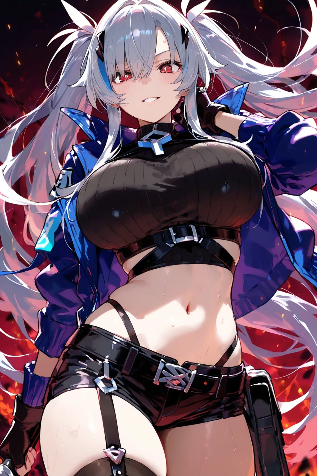 nmasterpiece， of the best quality， PrinzV4， 1girls， 独奏， long length hair， cleavage of the breast， looking at the spectator， Large big tits，Large Big breast， mitts， Belly button， Hold， jackets， Yellow eyes， White hair， red hair， O cabelo multicolorido， Open your clothes， Black gloves， Open jacket， Official alternative costumes， Striped hair， Black jacke， hand on hips， underboobs， headware， Banner， Red panties， Queen of the game， Hold the flag，pregnant women with，shot on the body，cum on stomach，The white liquid is drizzled all over the body