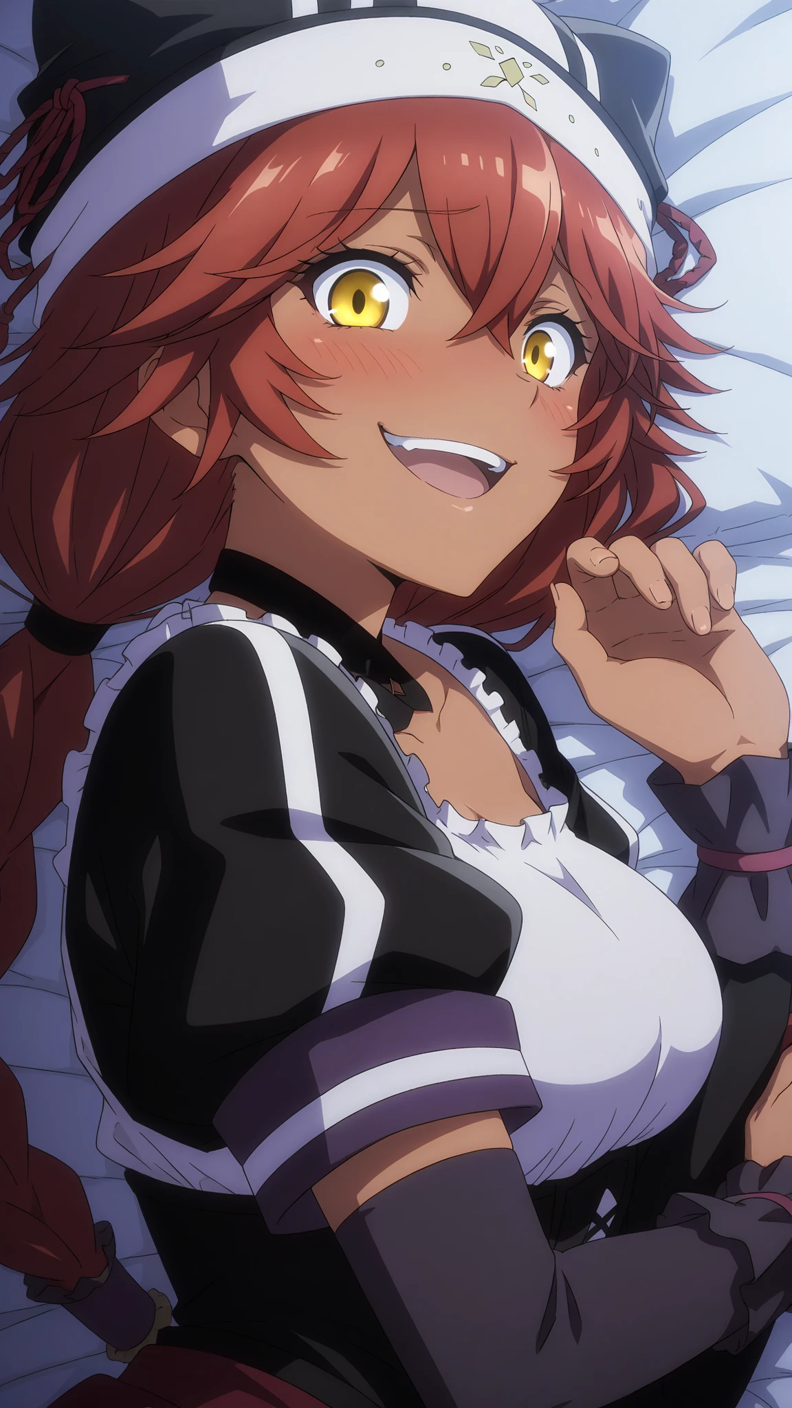Lupusregina_Beta, overlord \(maruyama\)
High quality , best quality , masterpiece, High Resolution , detailed face( LoRA: Lupusregina),anatomically correct, detailed hair Style( LoRA: Lupusregina),anime Coloring
red hair, twin braids, long hair, hair tubes, yellow eyes, hair between eyes, dark skin, dark-skinned female
Black maid uniform, underbust, hair tubes, black animal hat, black choker,,breast,
looking at viewer , close-up,from side,
bedroom,dark room,on the bed,
open mouth, crazy smile,blush,
lying(on stomach)