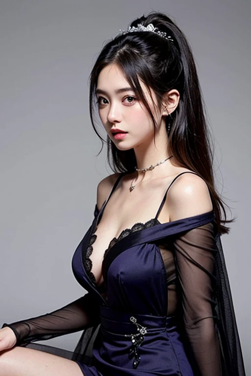 （lifelike， High resolution：1.3）， 1 Girl with perfect body，very detailed face and eyes，black hair, long hair， Black Bunny Costume：1.2， huge breasts：1.2, cleavage：1.2，expose cleavage: 1.2,　full body description,　Armpits,　Crossed legs,　turn to the side