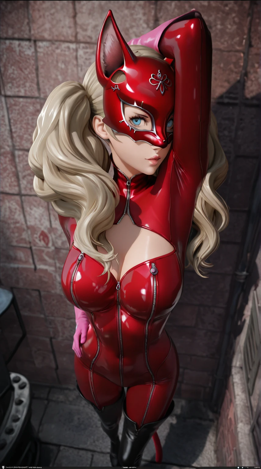 by nixeu, takamaki anne, 1girl, breasts, solo, blue eyes, twintails, blonde hair, cleavage, red background, smile, long hair, mask, looking at viewer, hair ornament, hairclip, zipper, clothing cutout, cleavage cutout, mask removed, bodysuit, red bodysuit, upper body, gloves, large breasts