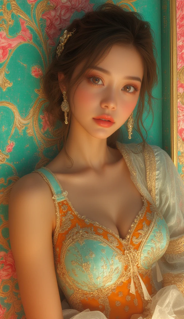 A young realistic woman adorned in very elegant traditional sexy Indian attire, cute and sexy face, very very enormous breasts(boobs), sexy body type, sexy outfit, sexy smile. Indian wedding (realistic perfect face))