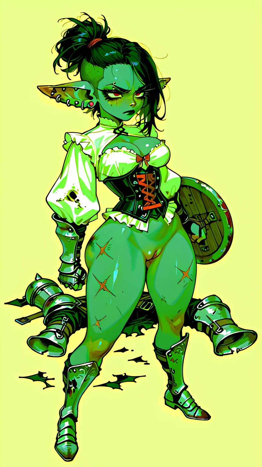 Girl, goblin girl, goblin, green skin, short, short stature,short hair, black hair, large breasts, miniskirt, latex, long gloves, thigh boots, goth, pouty lips, masterpiece, best quality, sexy, dynamic pose, 8k, shortstack, sfw, shiny, fantasy, dungeons and dragons, high heels, fishnets, holding, dark green skin, adventurer, barbarian, large hammer