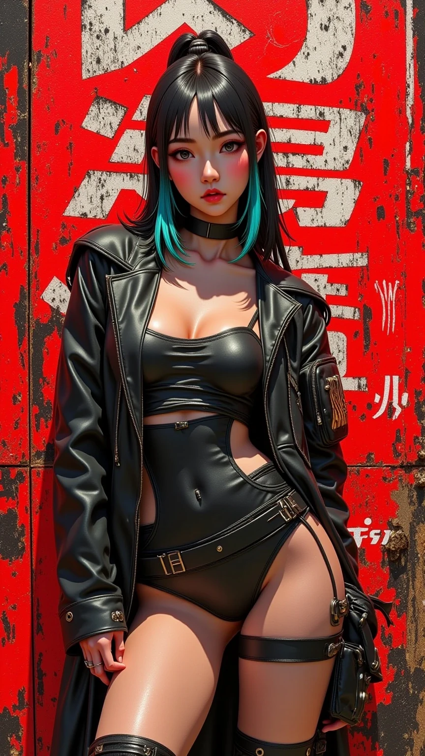 ((Best Quality)), ((Masterpiece)), perfect eyes:1.2, holding a machine gun, detailed eyes:1.4, ((freckles)), woman, hightech visor, high tech, hacker, irezumi, tattoo, techwear, headphones, messy hair, multicolored hair, green hair, black jacket, gradient hair, leather clothes, (machine gun), (High Definition:1.3), 3D, Beautiful (Cyberpunk:1.3), Colored hair, militar, black clothes looking at camera, hacker woman, sticking out, sexual, seduction, neo tokyo