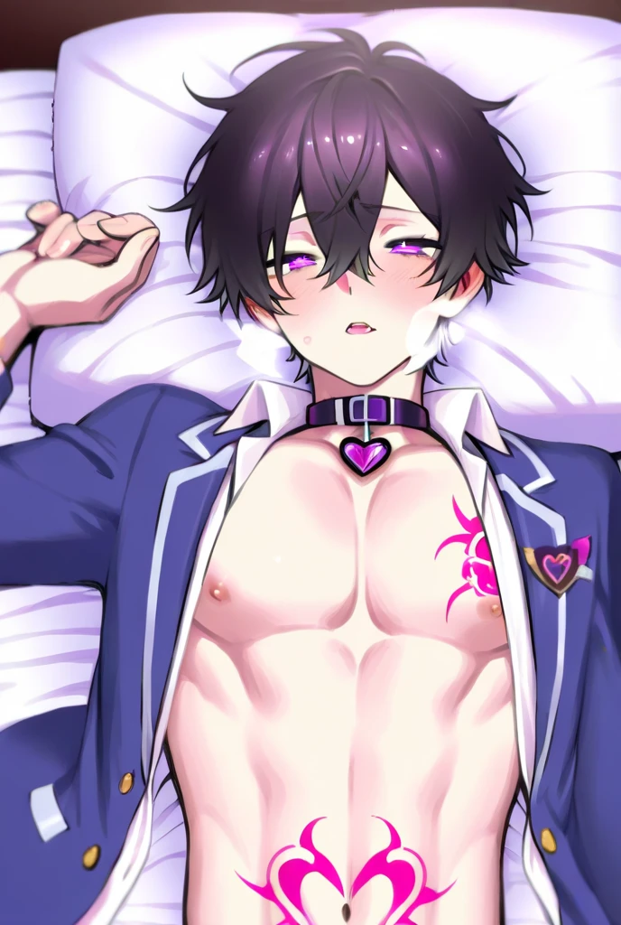 absurdres, highres, ultra detailed, HDR, master piece, best quality, perfect face, Dabi, black hair, expressive turquoise eyes, boku no hero academia, solo, sexy man, handsome, toned chest, horny, sensual, erotic, black coat, black boxers, bed, lying on the bed, pillow, flowers, petals, room