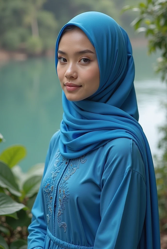 wanita cantik memakai hijab, rok panjang, di taman penuh bunga, (photography, realistic, bokeh, blur),