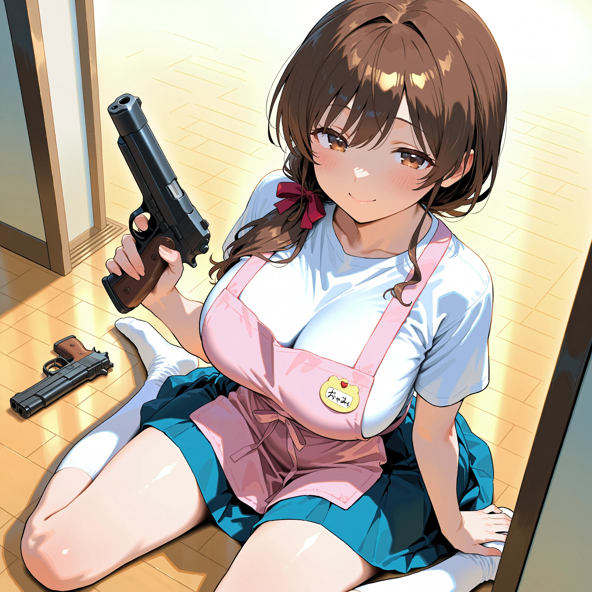 gorgeous, cozy pajama, bright room, comfortable bed, lovely pillow, warm lighting, aiming pistol , cleavage, stunning body 