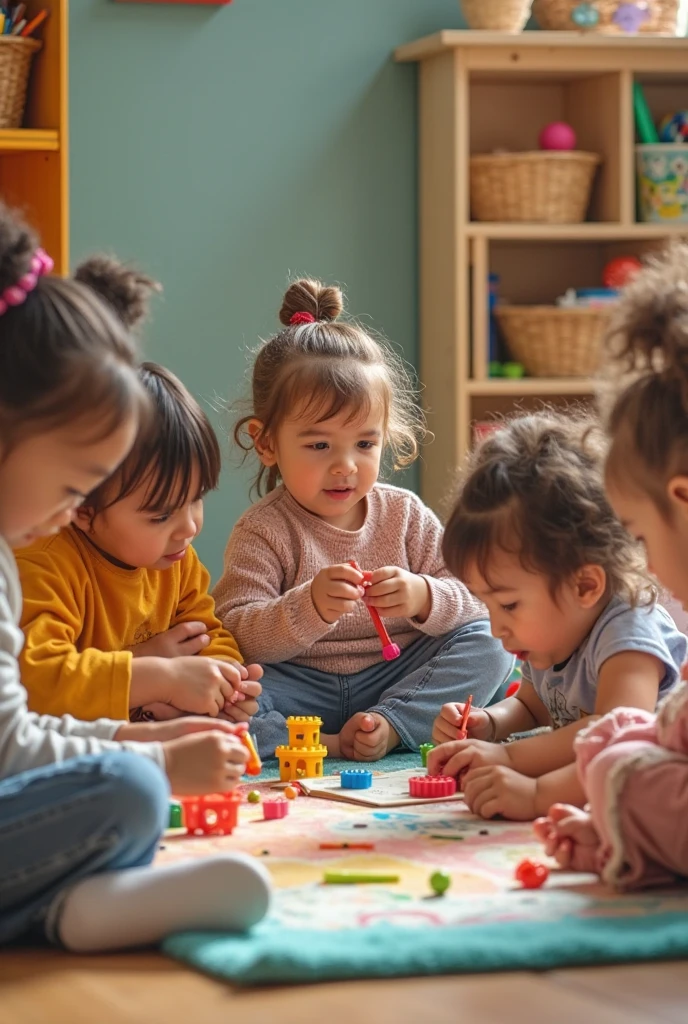Help me create an image for advertising children&#39;s toys focused on children between 5 years and older , I want the image to contain the children playing with toys 
