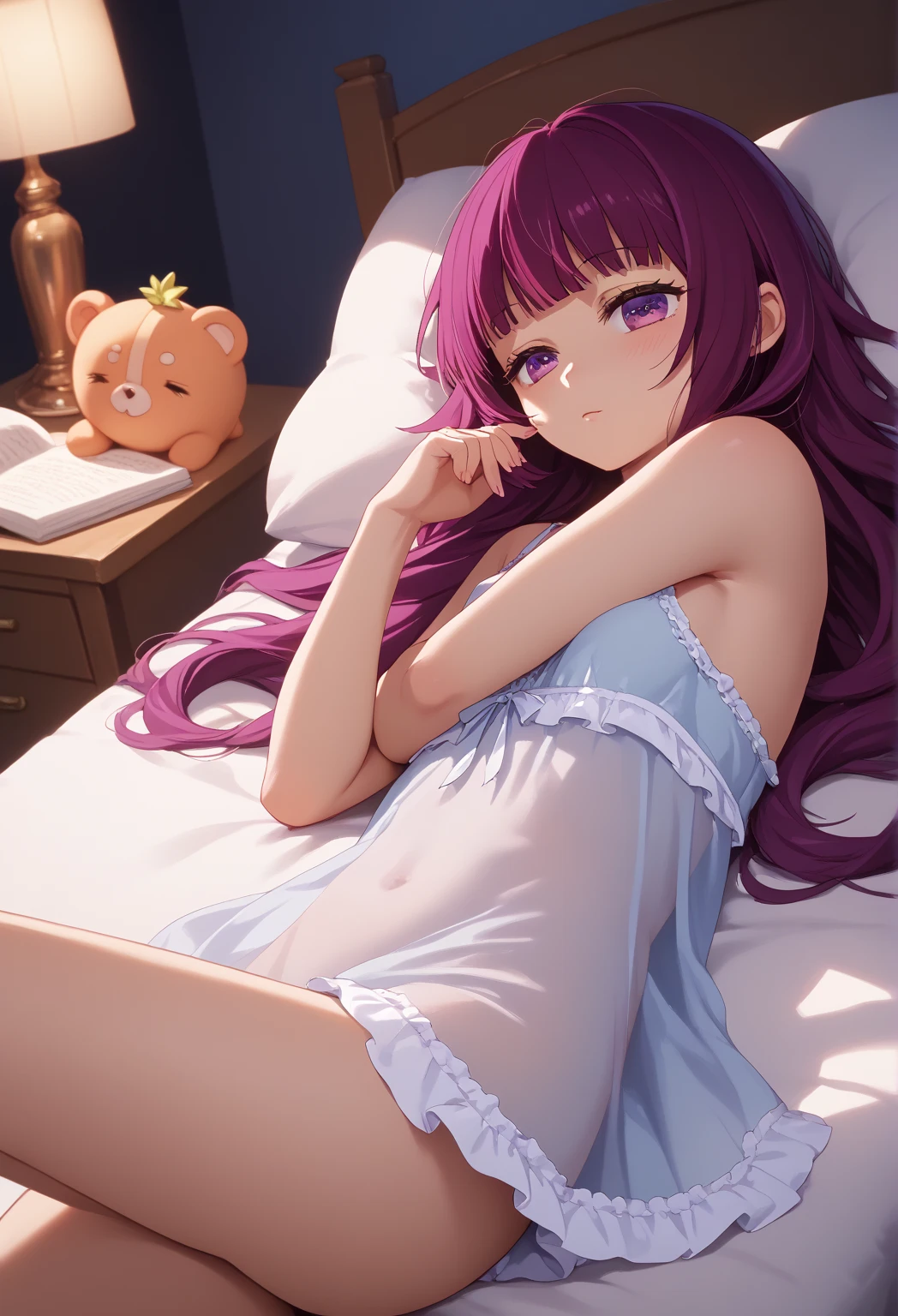 Lilac long-haired girl,Lying on the bed in underwear,Spread your hands,Open your legs