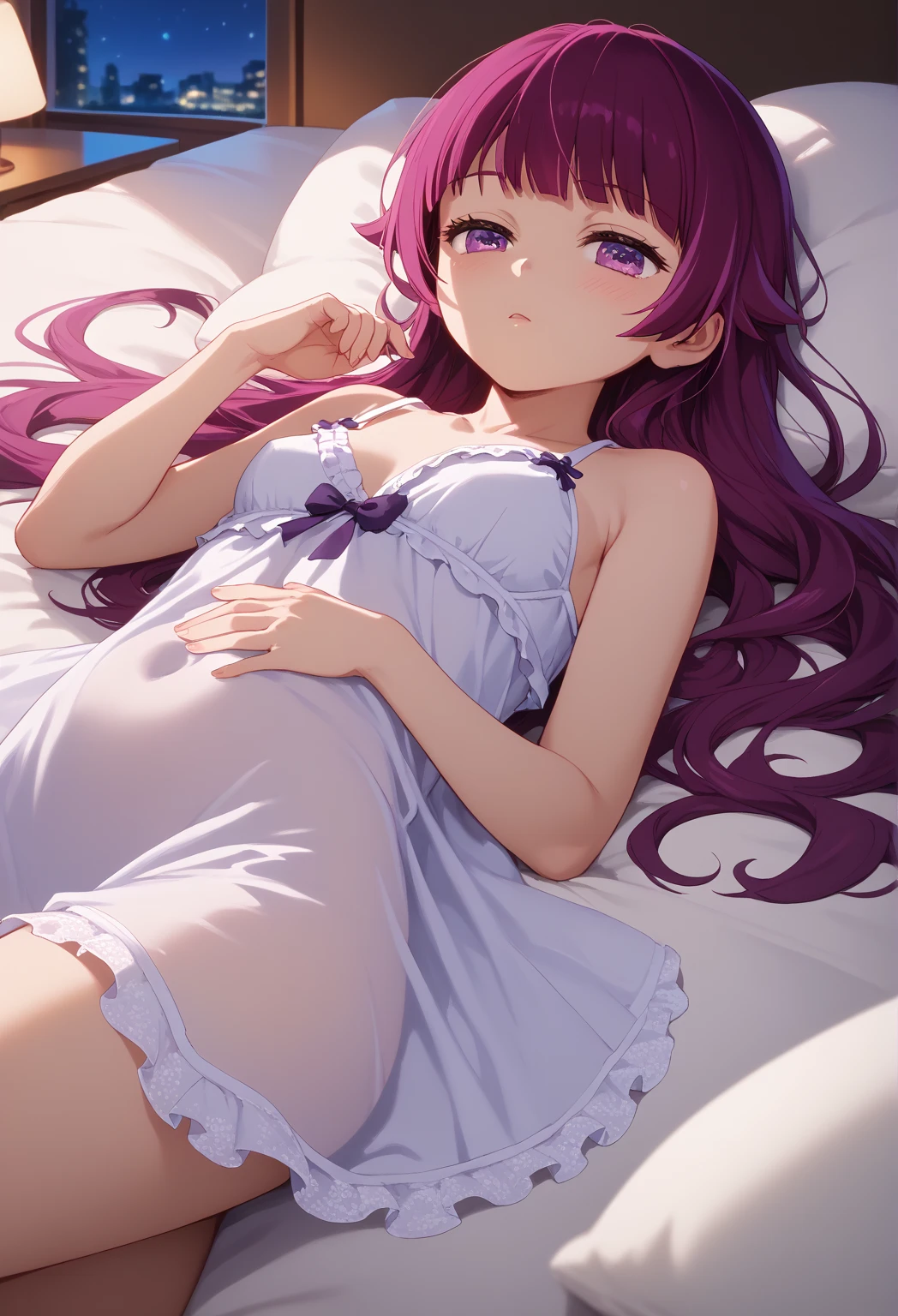 Cute underwear、Embarrassed、Light purple hair、Semi-long hair、White bra、White panties、On the bed、Blushing、Undressing、No clothes