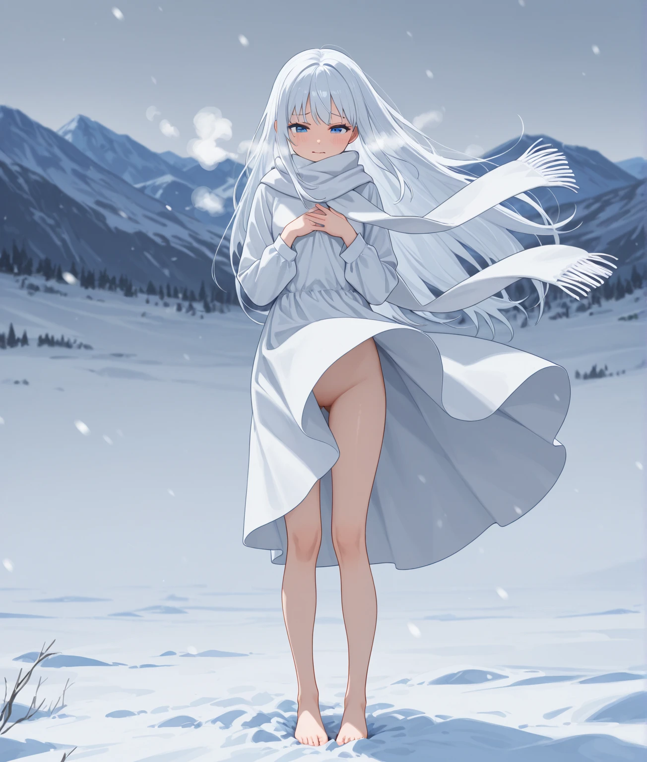 8K, Ultra High Definition, Super detailed, Shiny detailed hair, detailed face, fantasy landscape, solo, looking at viewer, {{best quality}}, {{masterpiece}}, {{ultra-detailed}}, {detailed light}, ultra high quality eyes, detailed eyes, perfect eyes, large eyes, blue eyes, white hair, long hair, beautiful, skinny body, White skin, slutty, erotic, blushing, standing in suggestive pose, nsfw