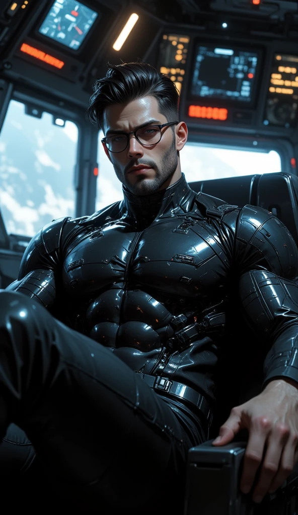 Allad man in white and black clothes sitting on a soft sofa in a luxurious and spacious bedroom, American round inch, Buzz Cut, muscle male hero, heroic male pose, muscular! Wearing black sunglasses, round head Buzz Cut, stealth suit, super buff and cool, high resolution committee, Chris Redfield, character design cop, black military boots, charismatic strong male with armor, sunlight shining through the window, peaceful atmosphere in the afternoon