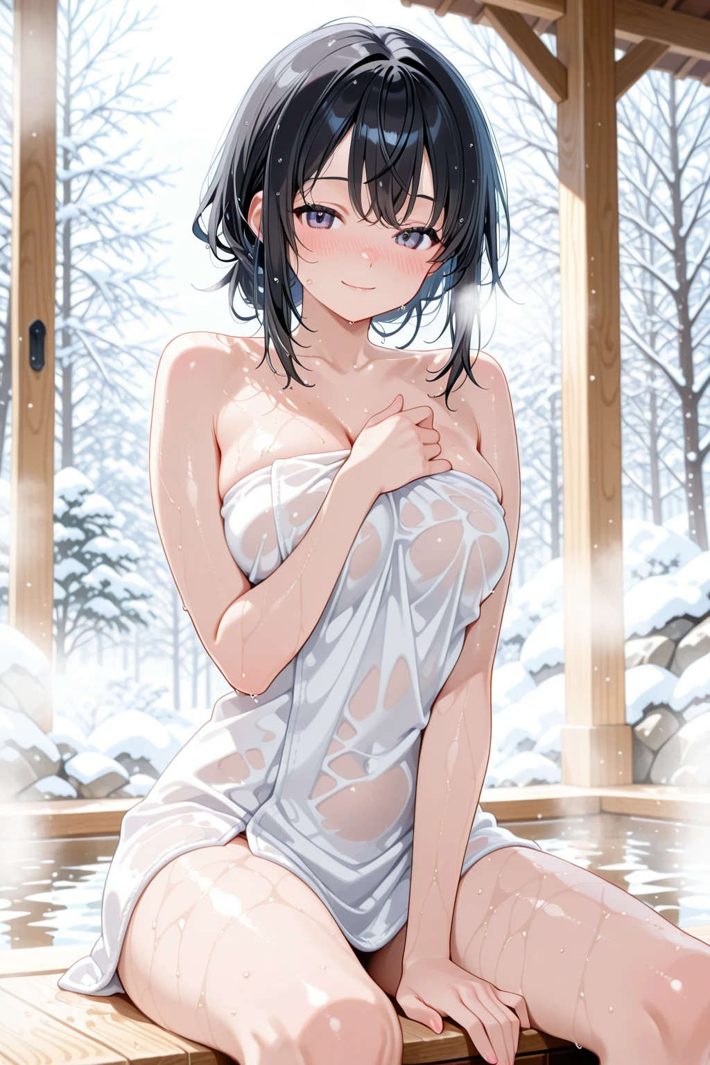 kirisaki kyouko, , bob cut, short hair, black hair, purple eyes, , empty eyes , large breasts, nipple, Running, , Heavy snowfall area frozen wet crying mountain Alone, Smile Naked, solo, 1girl,